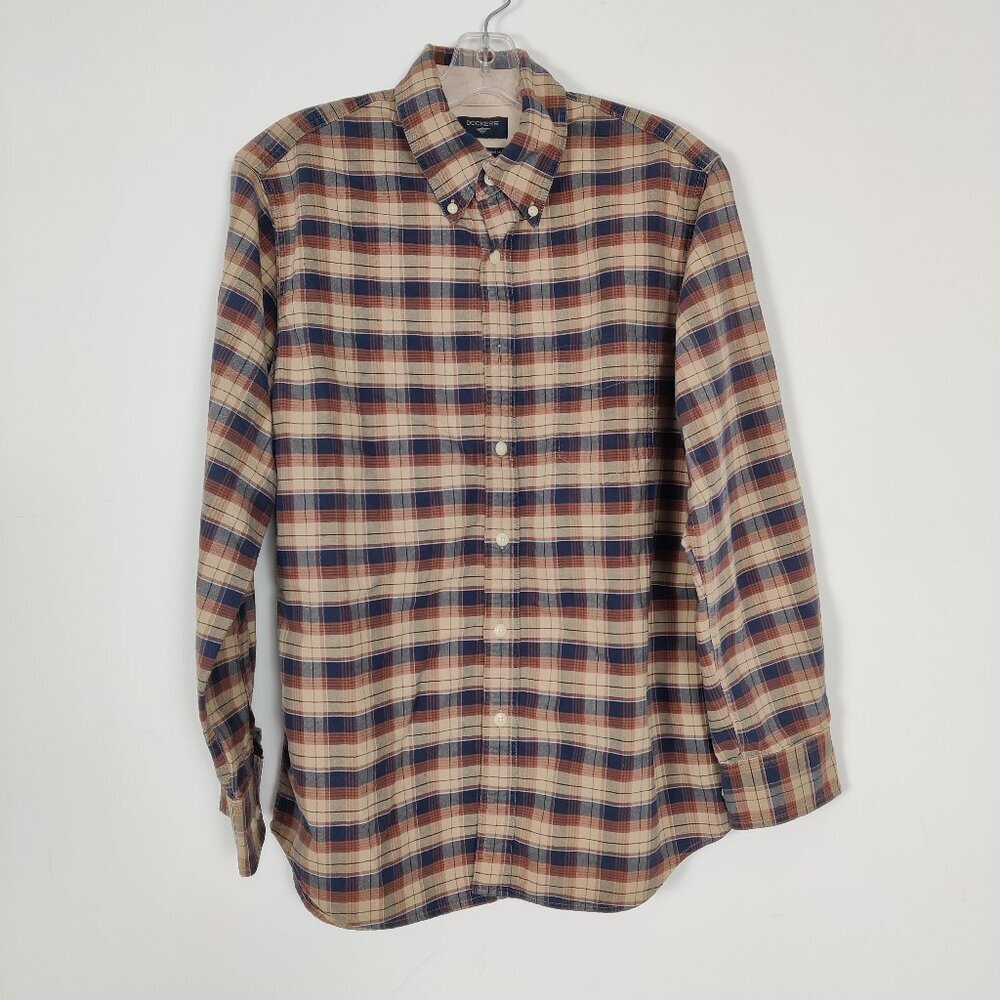 Dockers Men's Shirt Size M Plaid Beige Brown Navy Cotton Business Casual Office